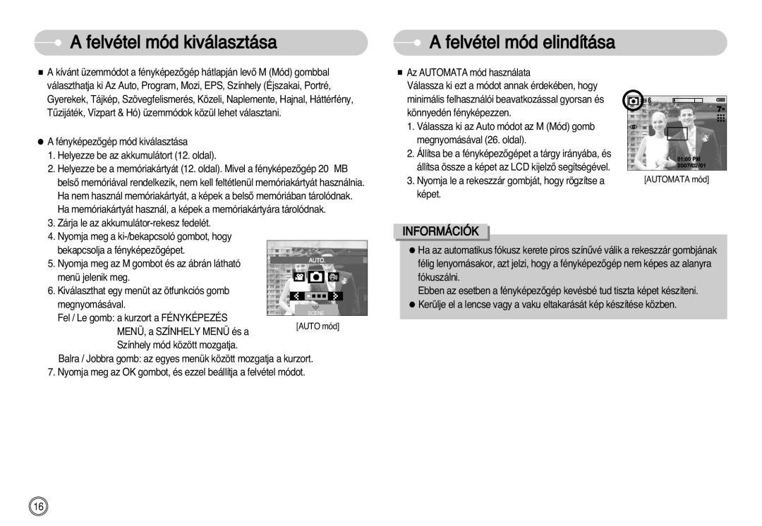 Samsung EC-L77ZZBBA/DE, EC-L77ZZBBE/E1, EC-L77ZZBBA/E1 manual Felvétel mód kiválasztása, Felvétel mód elindítása 