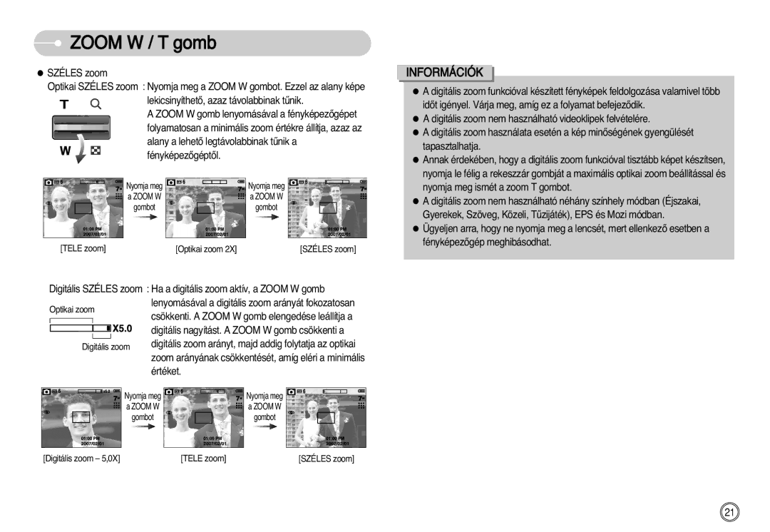 Samsung EC-L77ZZBBA/E1, EC-L77ZZBBE/E1, EC-L77ZZBBA/DE manual Tele zoom Optikai zoom Széles zoom 