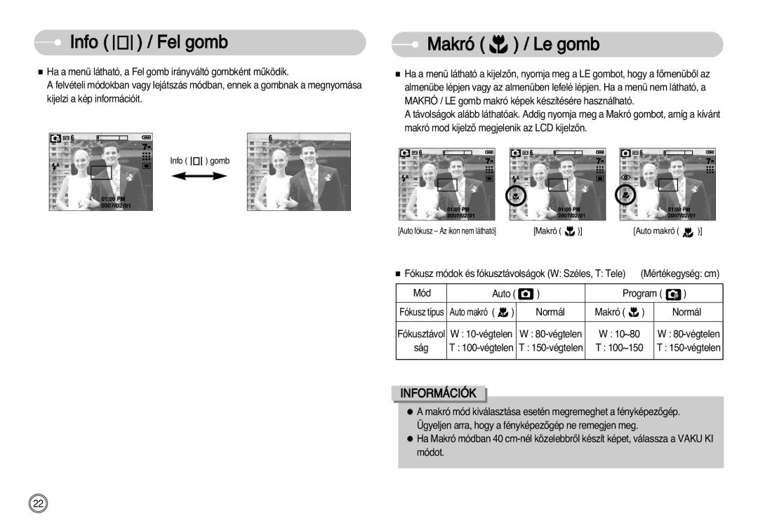 Samsung EC-L77ZZBBA/DE, EC-L77ZZBBE/E1, EC-L77ZZBBA/E1 manual Info Fel gomb Makró / Le gomb 