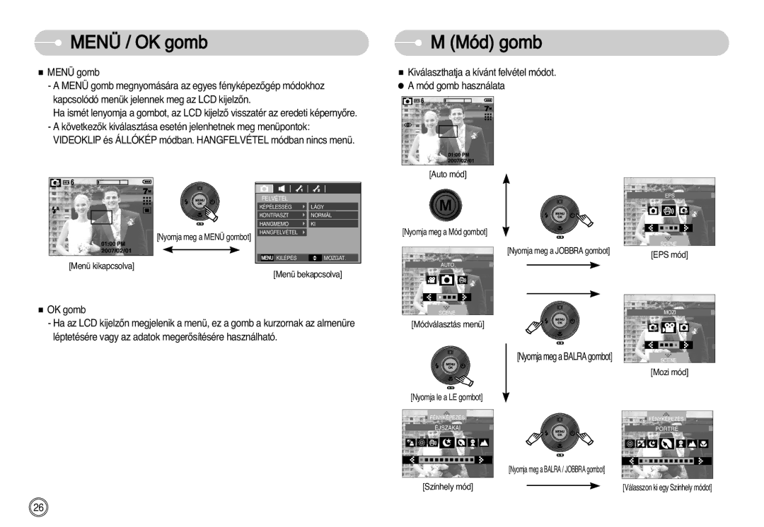 Samsung EC-L77ZZBBE/E1, EC-L77ZZBBA/E1, EC-L77ZZBBA/DE manual Menü / OK gomb, Mód gomb 