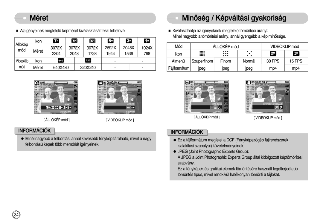 Samsung EC-L77ZZBBA/DE, EC-L77ZZBBE/E1, EC-L77ZZBBA/E1 manual Méret MinŒség / Képváltási gyakoriság 