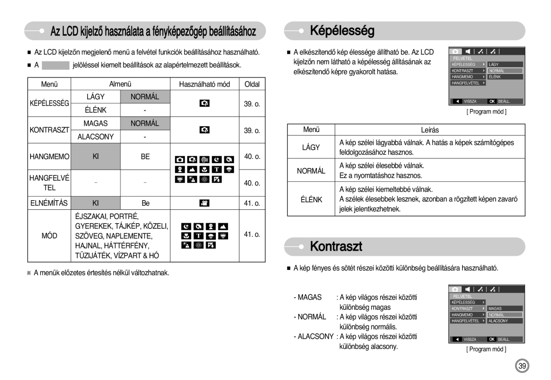 Samsung EC-L77ZZBBA/E1, EC-L77ZZBBE/E1, EC-L77ZZBBA/DE manual Képélesség, Kontraszt 