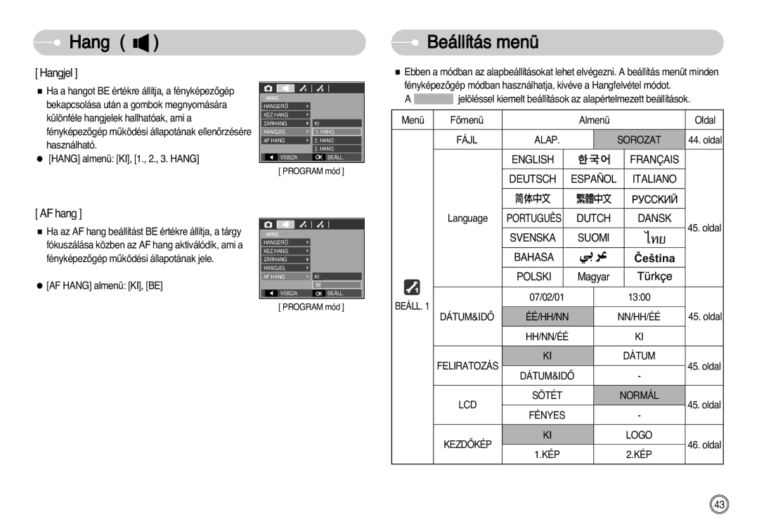 Samsung EC-L77ZZBBA/DE, EC-L77ZZBBE/E1, EC-L77ZZBBA/E1 manual Hang, Beállítás menü 