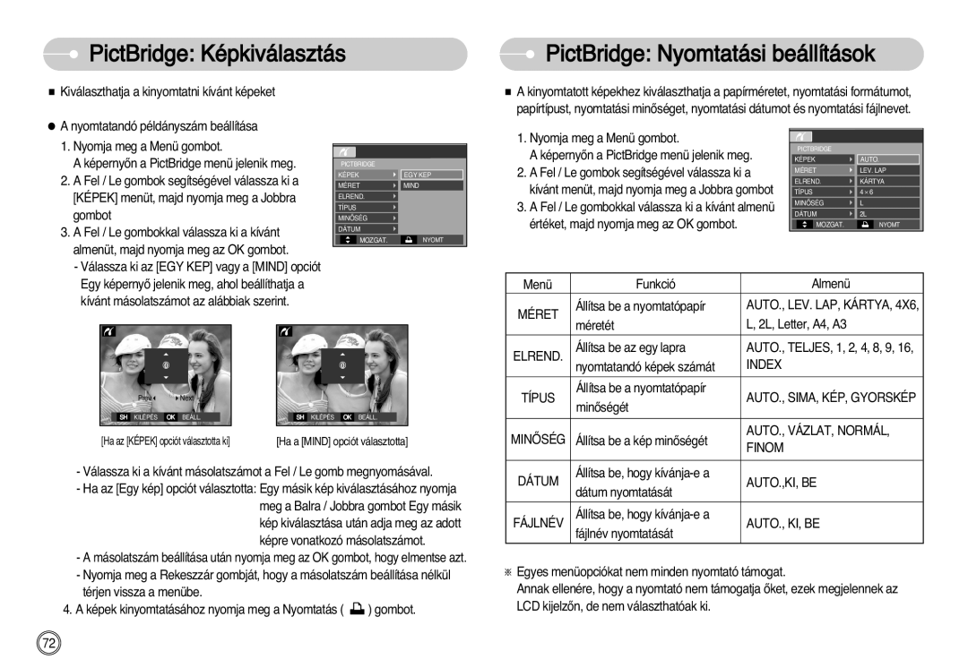 Samsung EC-L77ZZBBA/E1, EC-L77ZZBBE/E1, EC-L77ZZBBA/DE manual PictBridge Képkiválasztás PictBridge Nyomtatási beállítások 