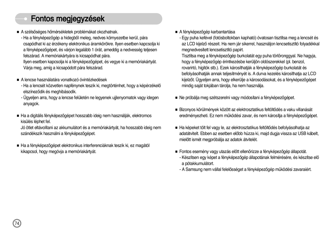 Samsung EC-L77ZZBBE/E1, EC-L77ZZBBA/E1, EC-L77ZZBBA/DE manual Fontos megjegyzések 