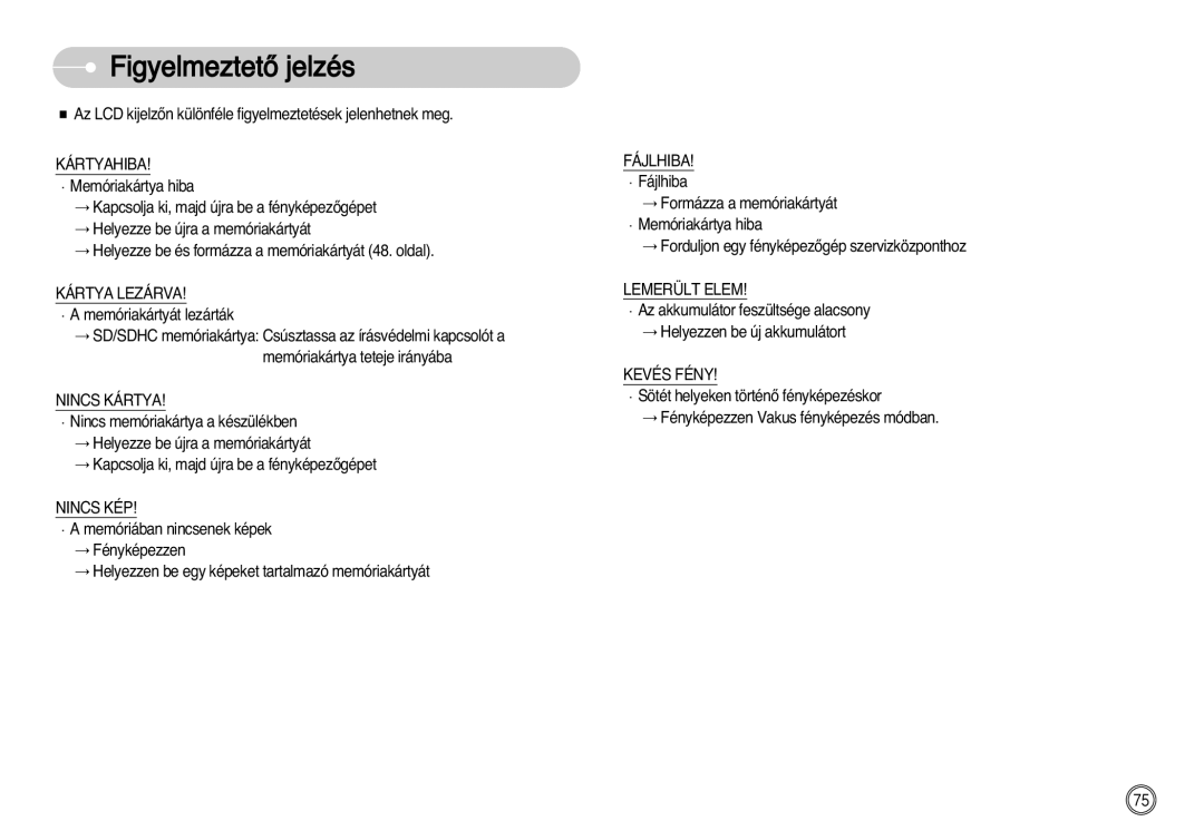 Samsung EC-L77ZZBBA/E1, EC-L77ZZBBE/E1, EC-L77ZZBBA/DE manual FigyelmeztetŒ jelzés, Kártyahiba, Kevés Fény 