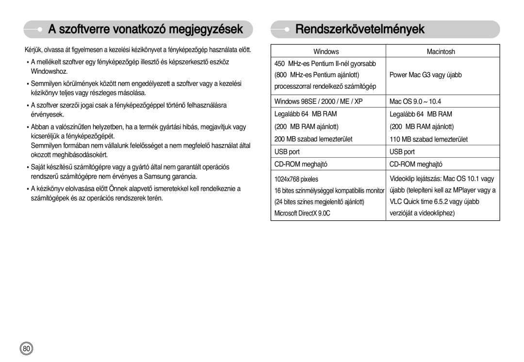 Samsung EC-L77ZZBBE/E1, EC-L77ZZBBA/E1, EC-L77ZZBBA/DE manual Szoftverre vonatkozó megjegyzések, Rendszerkövetelmények 