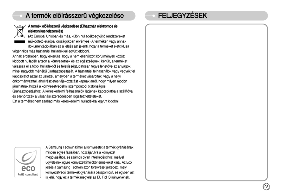 Samsung EC-L77ZZBBA/E1, EC-L77ZZBBE/E1, EC-L77ZZBBA/DE manual Termék elŒírásszerı végkezelése, Feljegyzések 