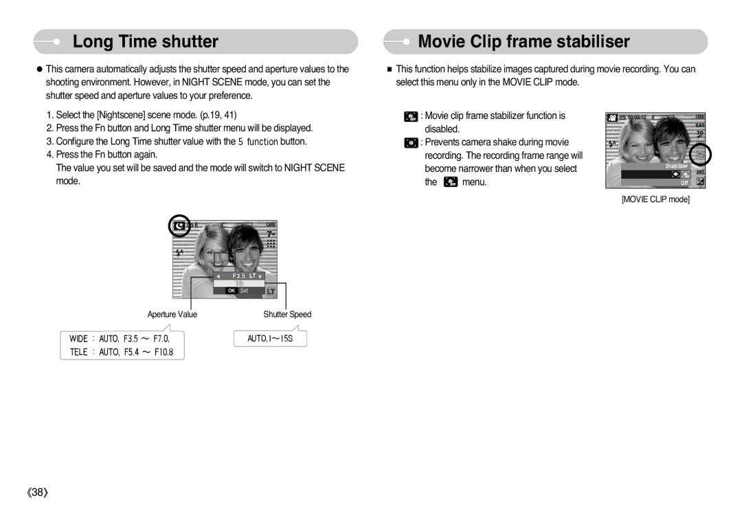 Samsung EC-L77ZZBBB/E1, EC-L77ZZBBE/E1, EC-L77ZZBBA/FR, EC-L77ZZBBA/E1 manual Long Time shutter, Movie Clip frame stabiliser 