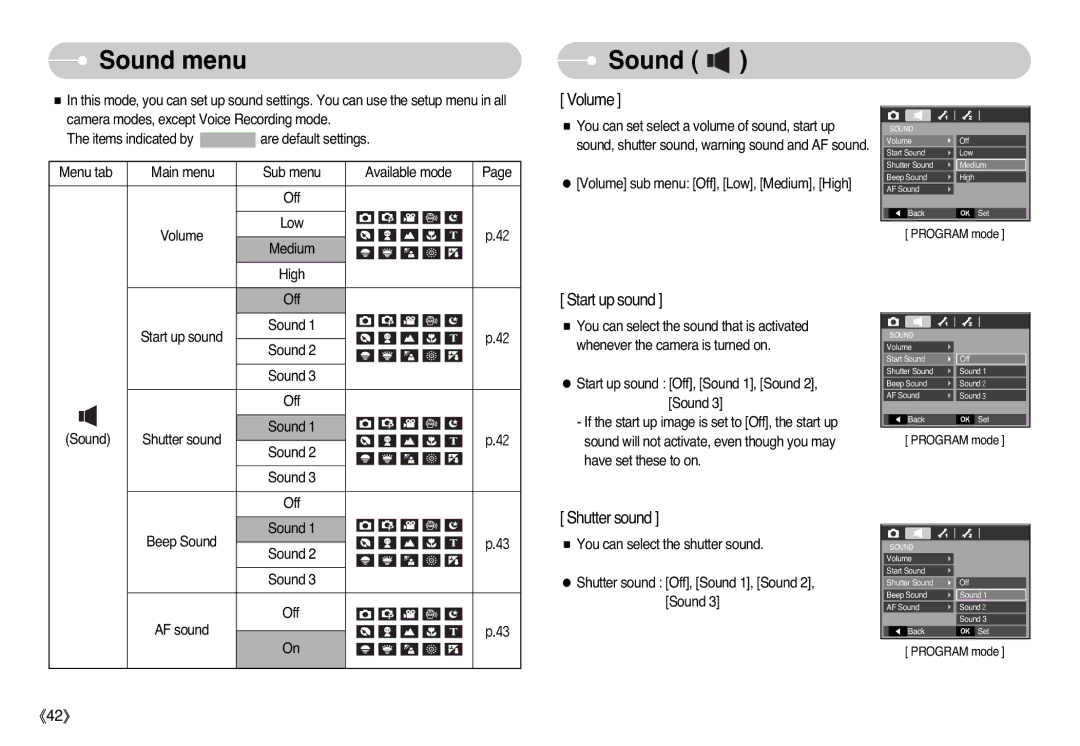 Samsung EC-L77ZZBBA/FR, EC-L77ZZBBE/E1, EC-L77ZZBBA/E1, EC-L77ZZBBA/DE, STC-L77B, EC-L77ZZBBA/RU, EC-L77ZZBBA/TW Sound menu 