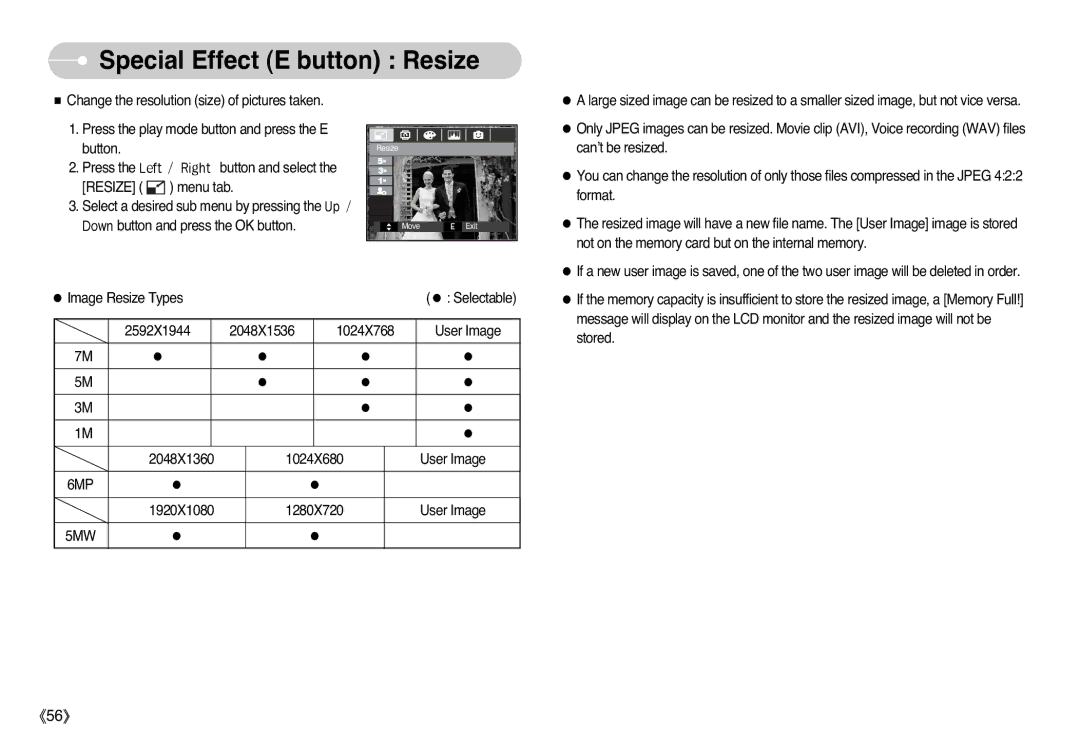 Samsung EC-L77ZZBBA/TR, EC-L77ZZBBE/E1, EC-L77ZZBBA/FR, EC-L77ZZBBA/E1, EC-L77ZZBBA/DE Special Effect E button Resize, 5MW 