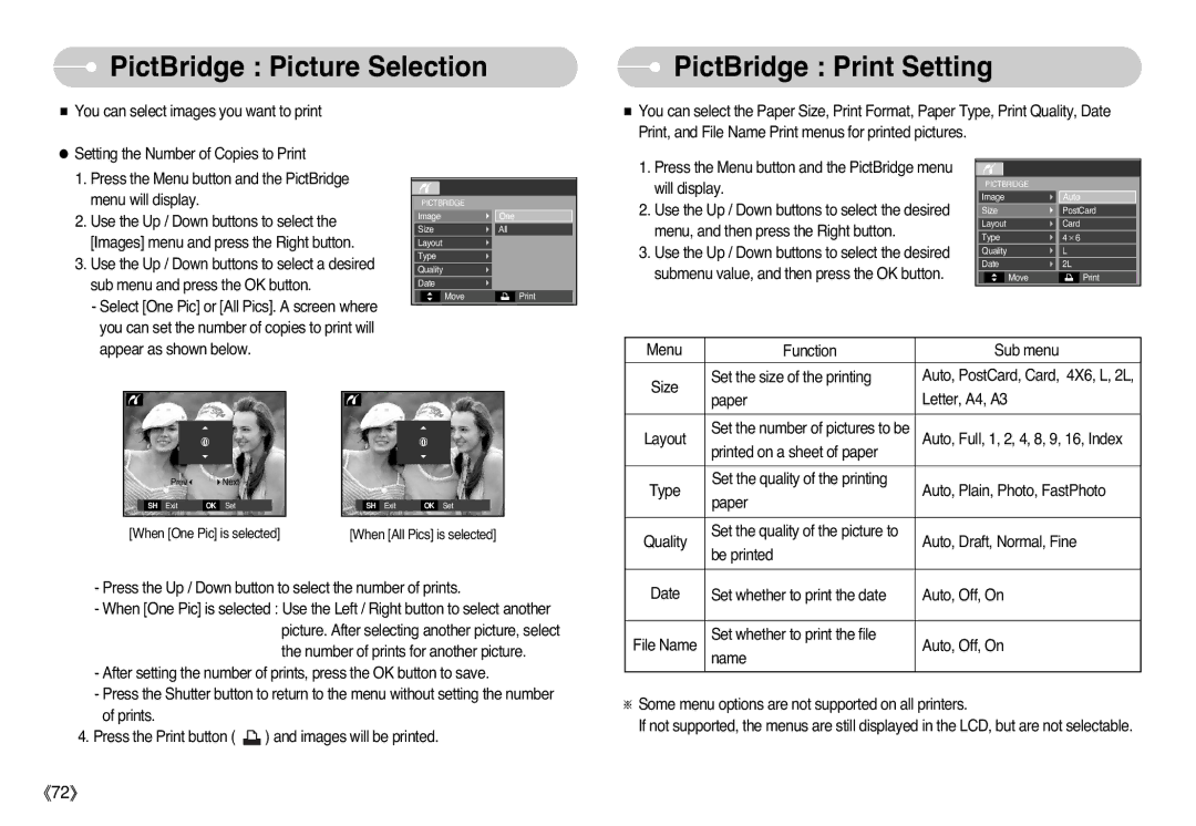 Samsung EC-L77ZZBBA/MX, EC-L77ZZBBE/E1, EC-L77ZZBBA/FR, EC-L77ZZBBA/E1 PictBridge Picture Selection PictBridge Print Setting 