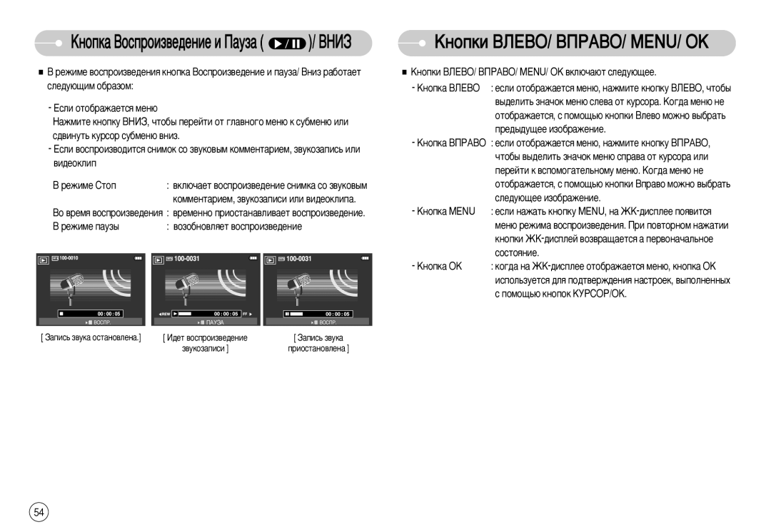 Samsung EC-L77ZZBBC/E1, EC-L77ZZBBE/E1, STC-L77B manual ÄÌÓÔÍË ÇãÖÇé/ ÇèêÄÇé/ MENU/ OK, ÄÌÓÔÍ‡ ÇÓÒÔÓËÁ‚Â‰ÂÌËÂ Ë è‡ÛÁ‡ / Ççàá 