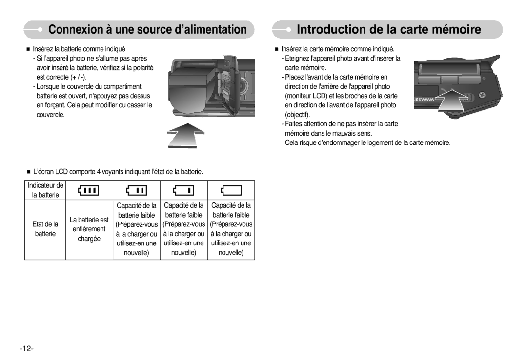 Samsung EC-L77ZZBBA/FR, EC-L77ZZBBE/E1 manual Introduction de la carte mémoire, Connexion à une source d’alimentation 