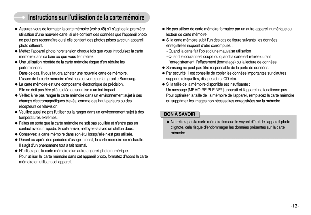 Samsung EC-L77ZZBBA/E1, EC-L77ZZBBE/E1, EC-L77ZZBBA/FR, EC-L77ZZBBA/DE Instructions sur l’utilisation de la carte mémoire 