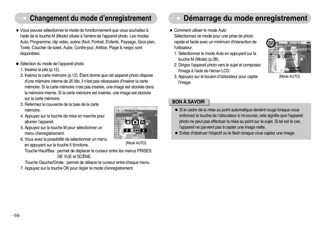 Samsung EC-L77ZZBBA/FR, EC-L77ZZBBE/E1 manual Démarrage du mode enregistrement, Changement du mode d’enregistrement 