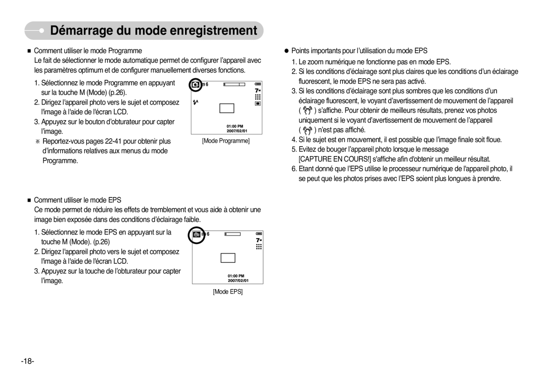 Samsung EC-L77ZZBBA/DE, EC-L77ZZBBE/E1, EC-L77ZZBBA/FR, EC-L77ZZBBA/E1 manual Mode EPS 