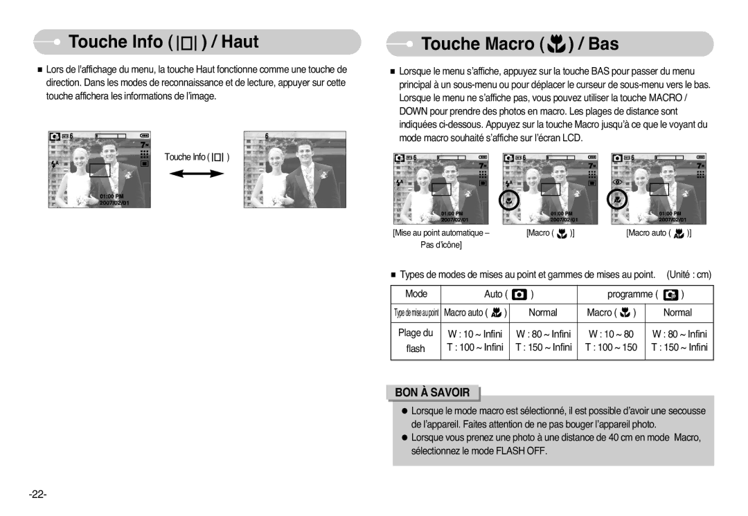 Samsung EC-L77ZZBBA/DE, EC-L77ZZBBE/E1, EC-L77ZZBBA/FR, EC-L77ZZBBA/E1 manual Touche Info Haut Touche Macro Bas 