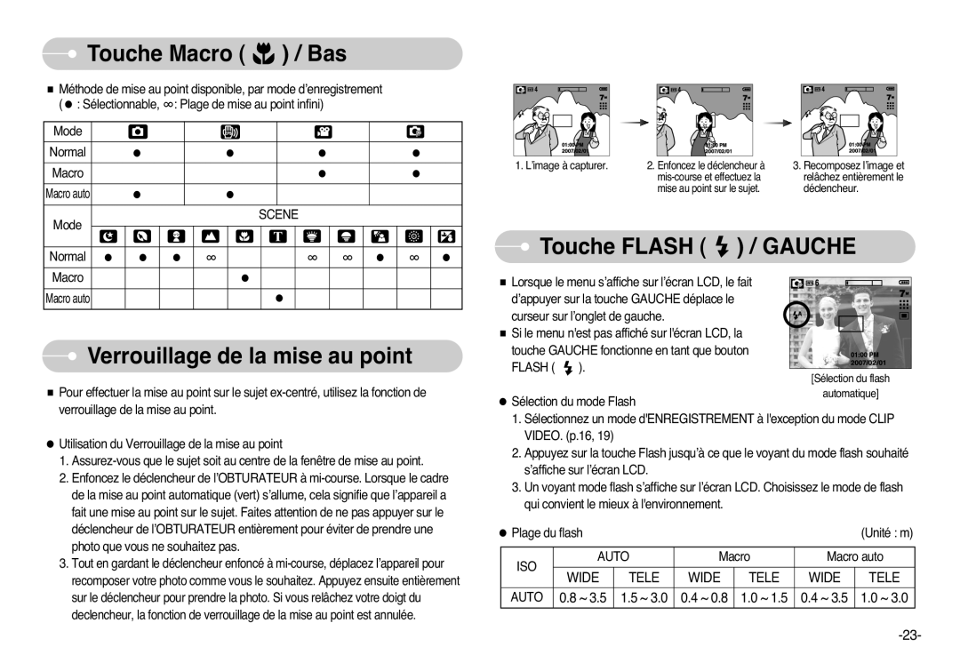 Samsung EC-L77ZZBBE/E1 manual Touche Macro / Bas, Verrouillage de la mise au point, Touche Flash / Gauche, ISO Auto 