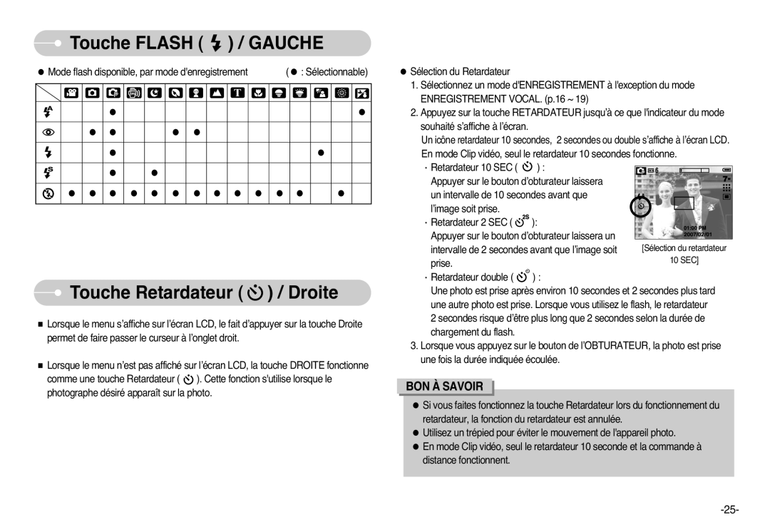 Samsung EC-L77ZZBBA/E1, EC-L77ZZBBE/E1, EC-L77ZZBBA/FR, EC-L77ZZBBA/DE manual Touche Retardateur / Droite 