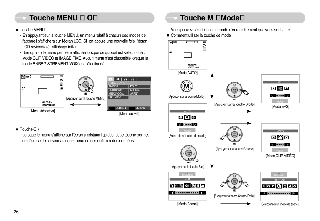 Samsung EC-L77ZZBBA/DE, EC-L77ZZBBE/E1, EC-L77ZZBBA/FR, EC-L77ZZBBA/E1 manual Touche Menu / OK, Touche M Mode 