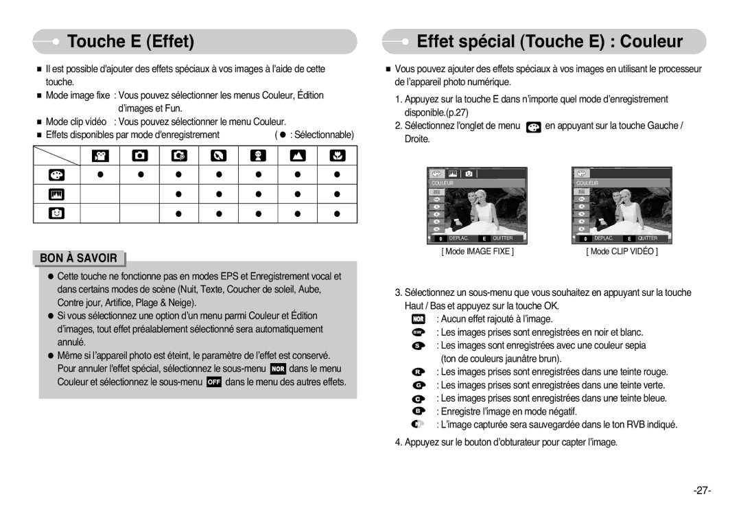 Samsung EC-L77ZZBBE/E1, EC-L77ZZBBA/FR, EC-L77ZZBBA/E1, EC-L77ZZBBA/DE manual Touche E Effet, Effet spécial Touche E Couleur 