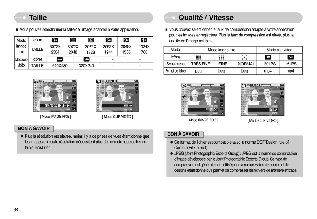 Samsung EC-L77ZZBBA/DE, EC-L77ZZBBE/E1, EC-L77ZZBBA/FR, EC-L77ZZBBA/E1 manual Taille, Qualité / Vitesse 