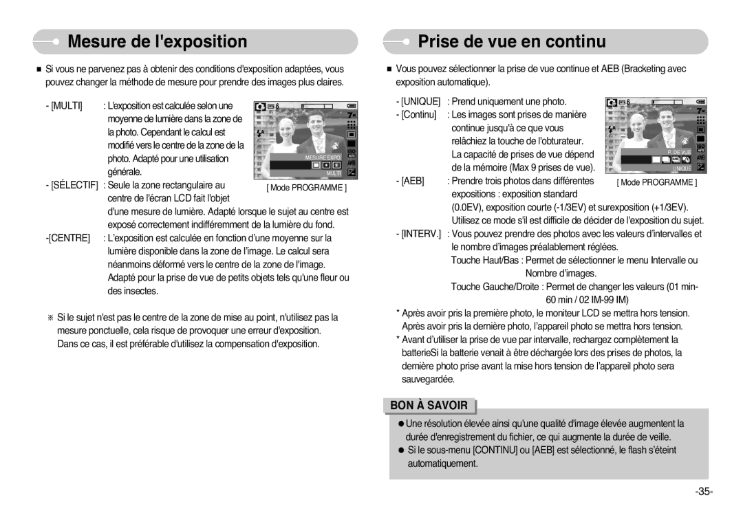 Samsung EC-L77ZZBBE/E1, EC-L77ZZBBA/FR, EC-L77ZZBBA/E1, EC-L77ZZBBA/DE manual Mesure de lexposition, Prise de vue en continu 