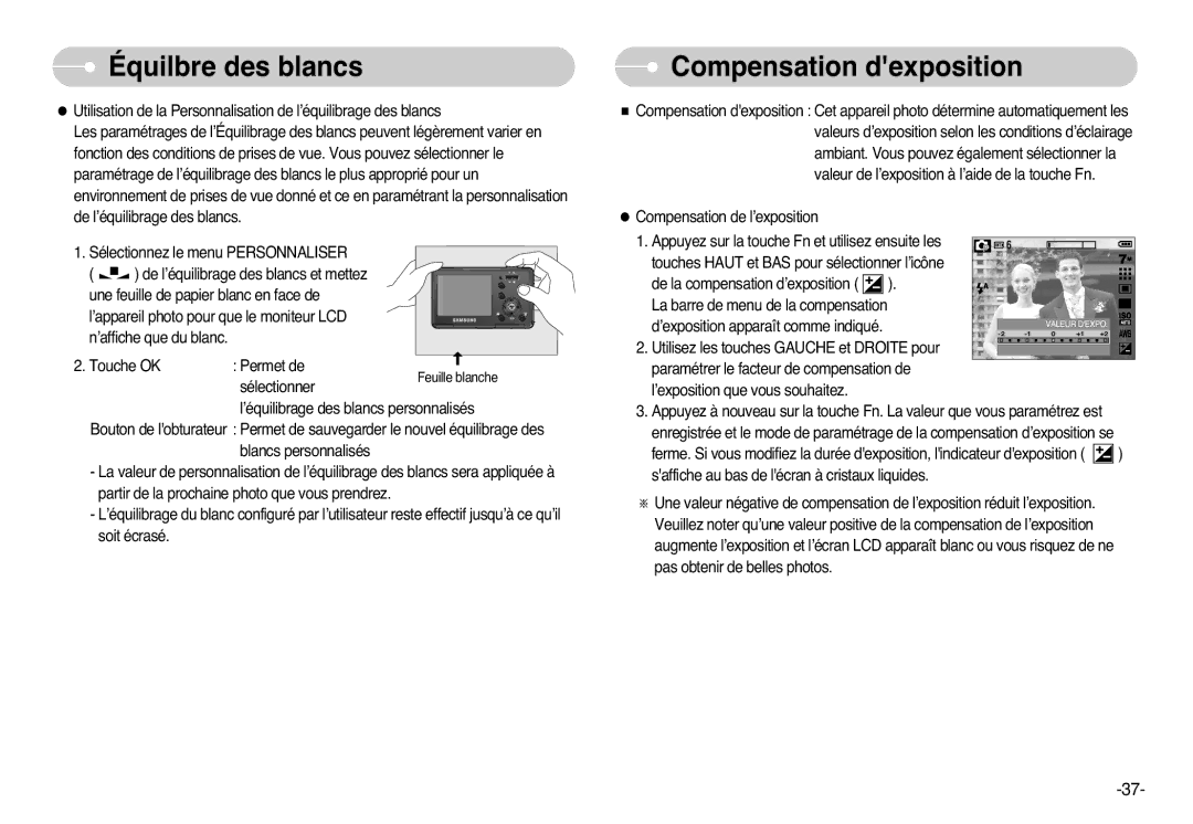 Samsung EC-L77ZZBBA/E1, EC-L77ZZBBE/E1, EC-L77ZZBBA/FR, EC-L77ZZBBA/DE manual Compensation dexposition 