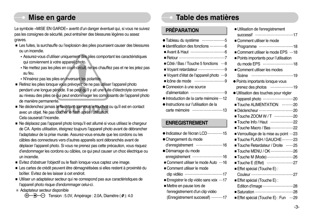 Samsung EC-L77ZZBBE/E1, EC-L77ZZBBA/FR, EC-L77ZZBBA/E1, EC-L77ZZBBA/DE manual Mise en garde, Table des matières 