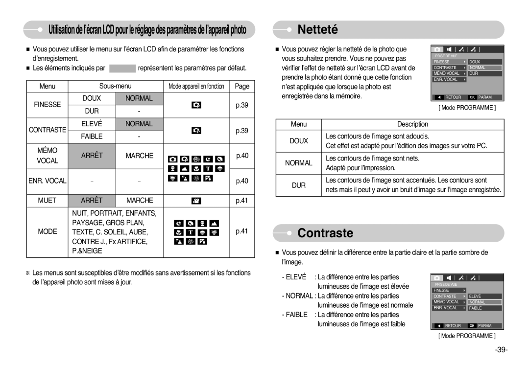 Samsung EC-L77ZZBBE/E1, EC-L77ZZBBA/FR, EC-L77ZZBBA/E1, EC-L77ZZBBA/DE manual Netteté, Contraste, Doux Normal Finesse DUR 