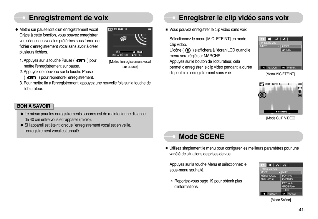 Samsung EC-L77ZZBBA/E1, EC-L77ZZBBE/E1, EC-L77ZZBBA/FR, EC-L77ZZBBA/DE manual Mode Scene, Enregistrer le clip vidéo sans voix 