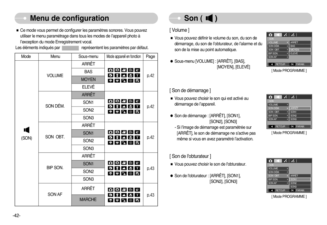 Samsung EC-L77ZZBBA/DE, EC-L77ZZBBE/E1, EC-L77ZZBBA/FR, EC-L77ZZBBA/E1 manual Menu de configuration, Son 