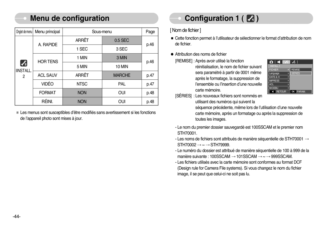 Samsung EC-L77ZZBBA/FR, EC-L77ZZBBE/E1, EC-L77ZZBBA/E1, EC-L77ZZBBA/DE manual Configuration, Rapide Arrêt, SEC HOR Tens MIN 