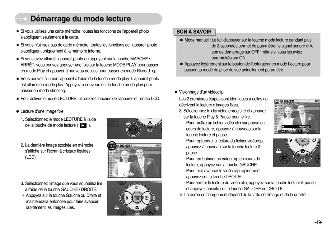 Samsung EC-L77ZZBBA/E1, EC-L77ZZBBE/E1, EC-L77ZZBBA/FR, EC-L77ZZBBA/DE manual Démarrage du mode lecture 