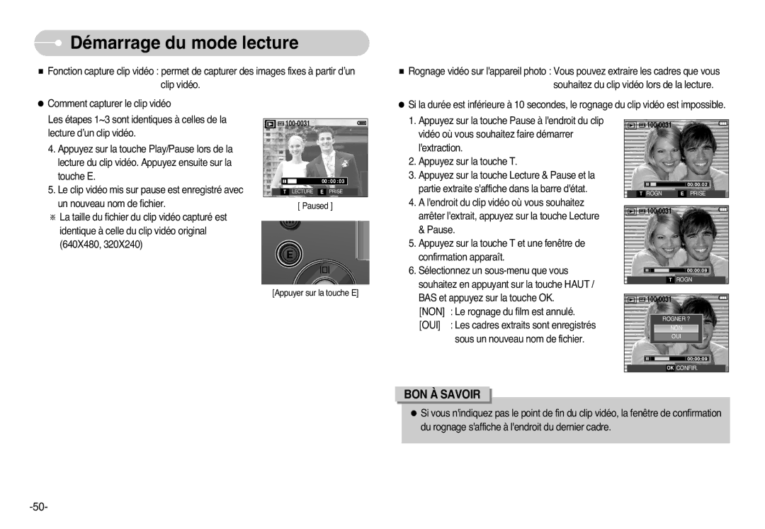 Samsung EC-L77ZZBBA/DE, EC-L77ZZBBE/E1, EC-L77ZZBBA/FR, EC-L77ZZBBA/E1 manual Appuyez sur la touche Pause à lendroit du clip 