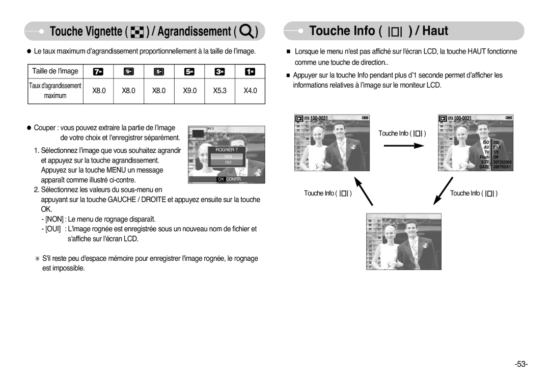 Samsung EC-L77ZZBBA/E1, EC-L77ZZBBE/E1, EC-L77ZZBBA/FR, EC-L77ZZBBA/DE manual Touche Info / Haut 