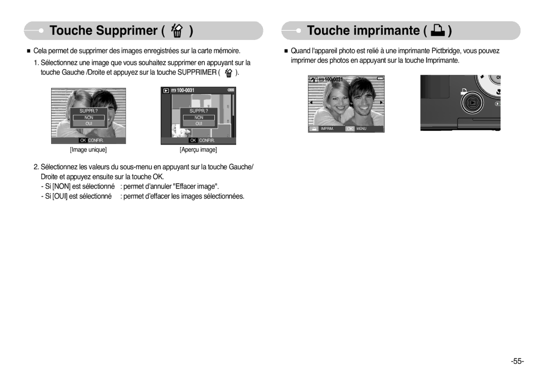 Samsung EC-L77ZZBBE/E1, EC-L77ZZBBA/FR, EC-L77ZZBBA/E1, EC-L77ZZBBA/DE manual Touche Supprimer Touche imprimante 