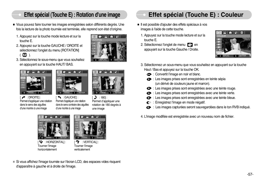 Samsung EC-L77ZZBBA/E1, EC-L77ZZBBE/E1, EC-L77ZZBBA/FR, EC-L77ZZBBA/DE manual Effet spécial Touche E Rotation dune image 