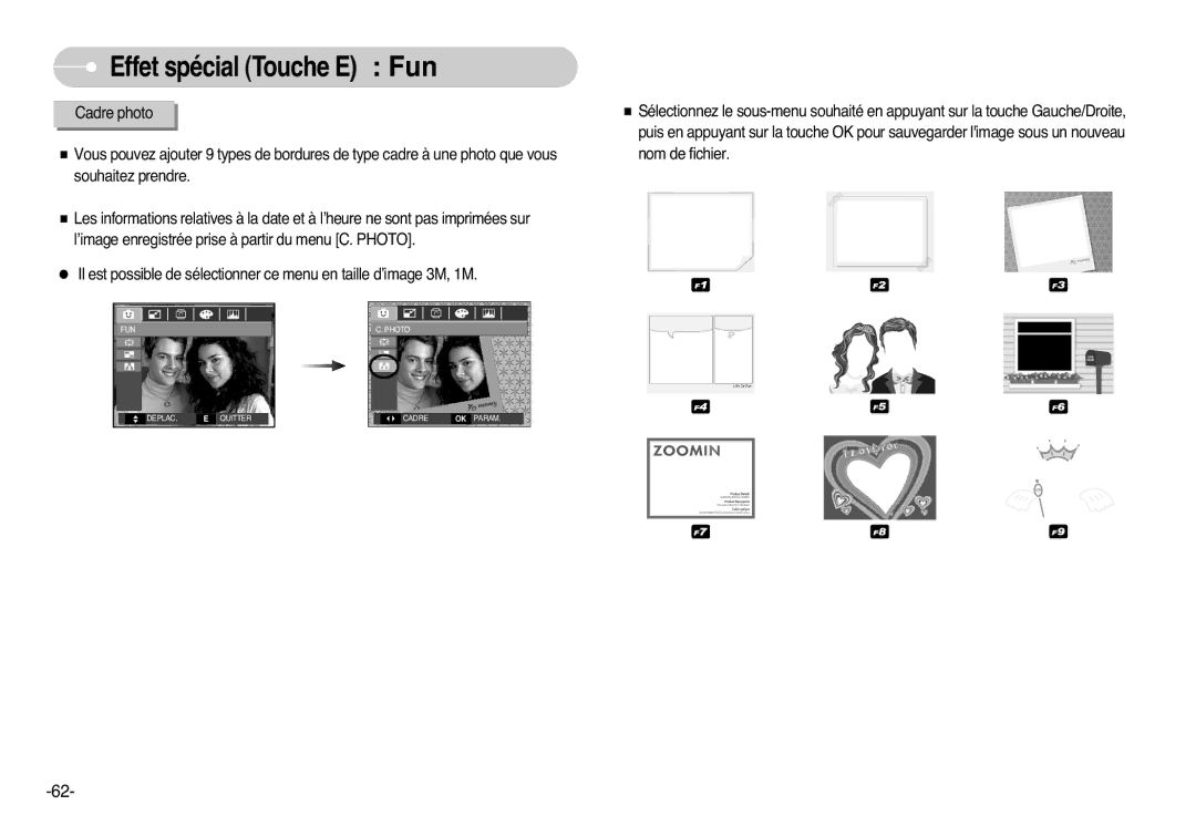 Samsung EC-L77ZZBBA/DE, EC-L77ZZBBE/E1, EC-L77ZZBBA/FR, EC-L77ZZBBA/E1 manual FUN Photo Deplac Quitter Cadre OK Param 