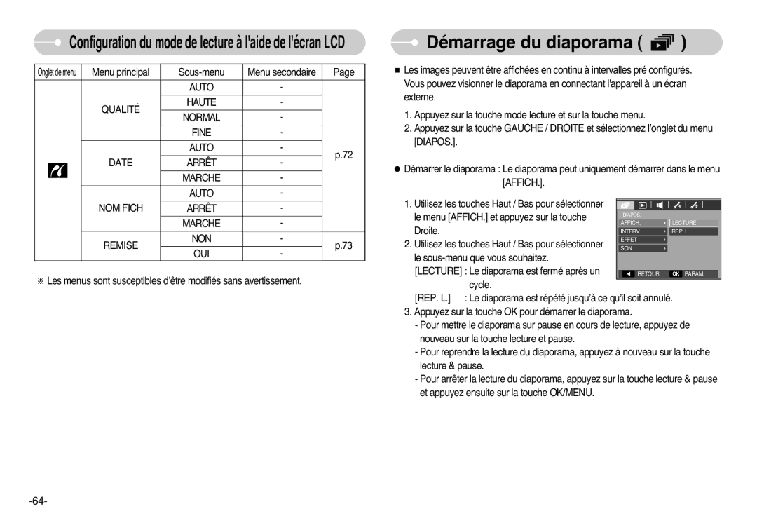 Samsung EC-L77ZZBBA/FR, EC-L77ZZBBE/E1 Démarrage du diaporama, Auto Qualité Haute Normal Fine Date Arrêt, Remise NON OUI 