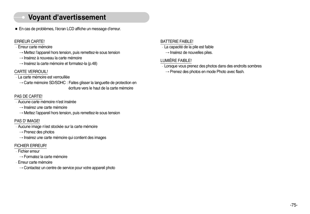 Samsung EC-L77ZZBBE/E1, EC-L77ZZBBA/FR, EC-L77ZZBBA/E1, EC-L77ZZBBA/DE manual Voyant davertissement 