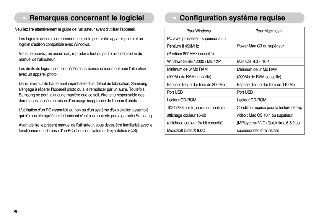 Samsung EC-L77ZZBBA/FR, EC-L77ZZBBE/E1, EC-L77ZZBBA/E1 manual Remarques concernant le logiciel, Configuration système requise 