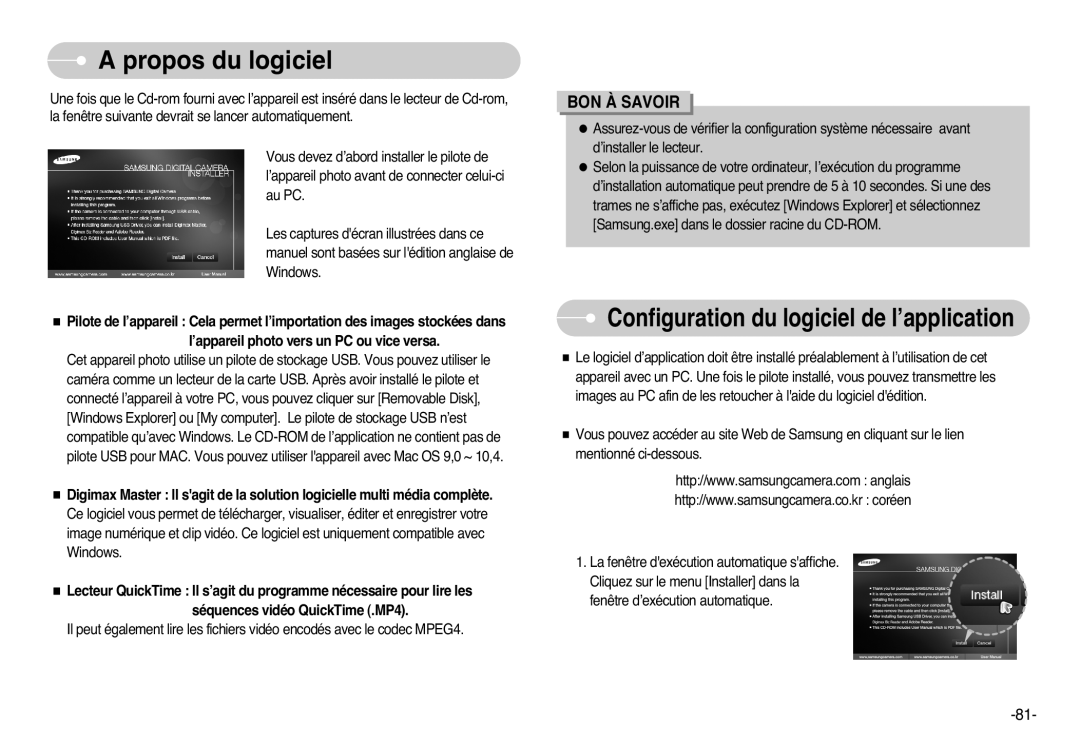 Samsung EC-L77ZZBBA/E1, EC-L77ZZBBE/E1, EC-L77ZZBBA/FR manual Propos du logiciel, Configuration du logiciel de l’application 