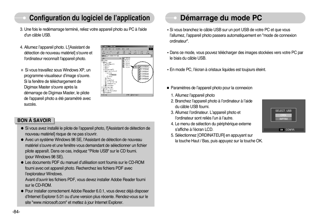 Samsung EC-L77ZZBBA/FR, EC-L77ZZBBE/E1, EC-L77ZZBBA/E1, EC-L77ZZBBA/DE manual Démarrage du mode PC 