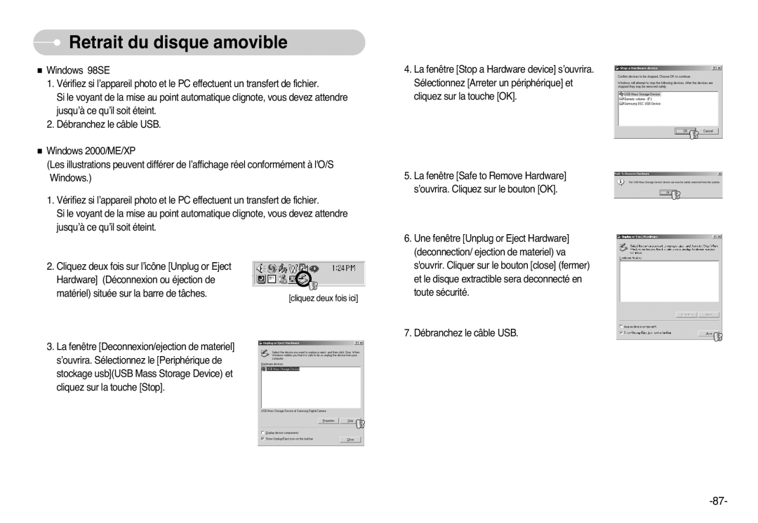 Samsung EC-L77ZZBBE/E1, EC-L77ZZBBA/FR, EC-L77ZZBBA/E1, EC-L77ZZBBA/DE manual Retrait du disque amovible 