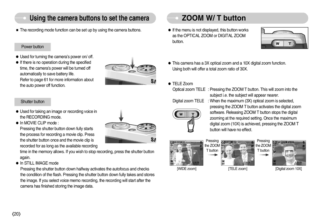 Samsung EC-L80ZZBBA/DE, EC-L80ZZBBA/FR, EC-L80ZZBBA/GB manual Zoom W/ T button, Using the camera buttons to set the camera 