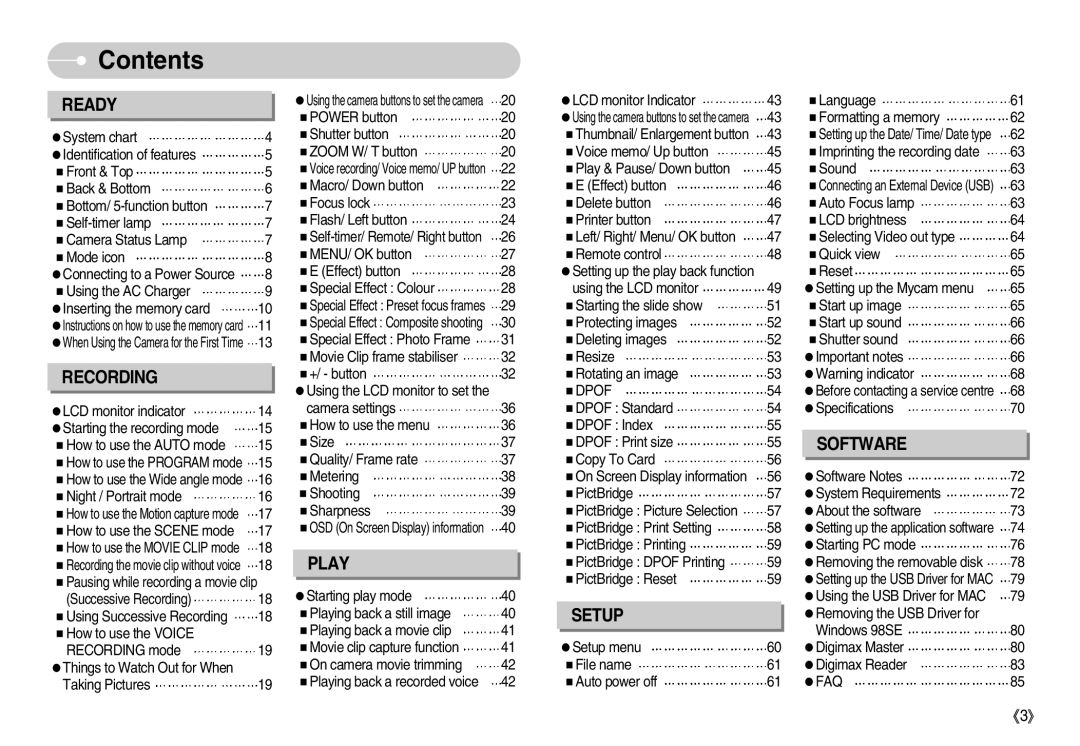 Samsung EC-L80ZZBAB, EC-L80ZZBBA/FR, EC-L80ZZBBA/GB, EC-L80ZZBBB/GB, EC-L80ZZBBA/DE, EC-L80ZZBAA manual Contents 