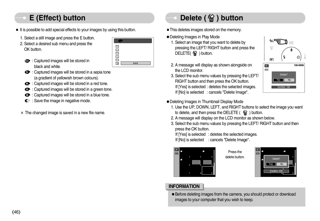 Samsung EC-L80ZZBAA, EC-L80ZZBBA/FR, EC-L80ZZBBA/GB, EC-L80ZZBBB/GB, EC-L80ZZBBA/DE, EC-L80ZZBAB Effect button, Delete button 