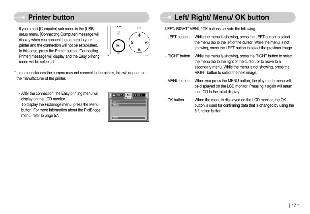 Samsung EC-L80ZZBBA/FR, EC-L80ZZBBA/GB, EC-L80ZZBBB/GB, EC-L80ZZBBA/DE manual Printer button, Left/ Right/ Menu/ OK button 